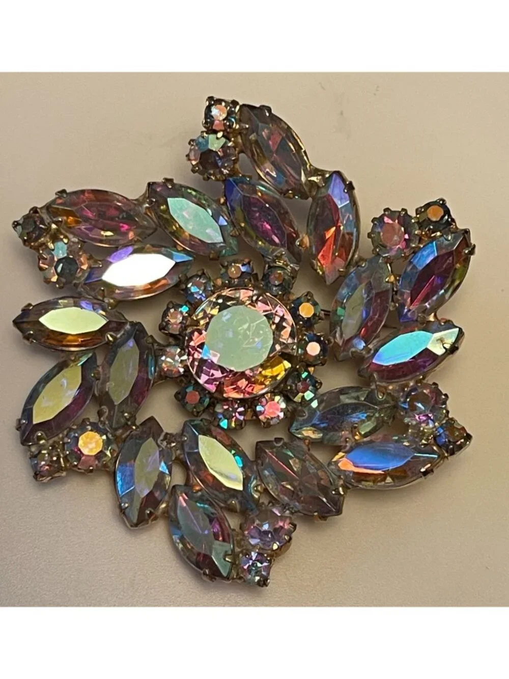 Vtg Massive Aurora Borealis Crystal Pinwheel Brooch Multicolor Brilliant Sparkle